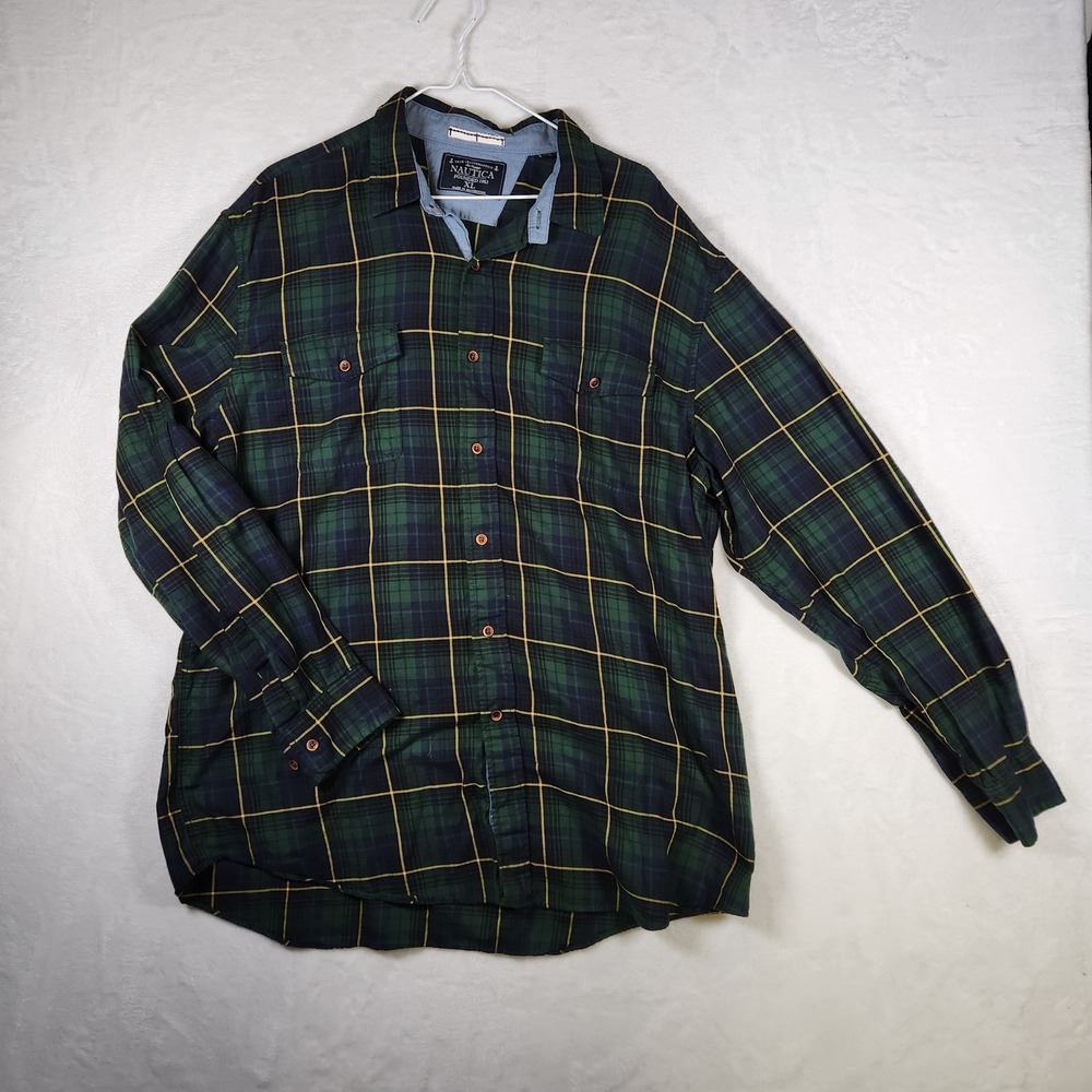 Nautica Mens XL Plaid Flannel Shirt Long Sleeve Button Up Green‎ Blue Gold